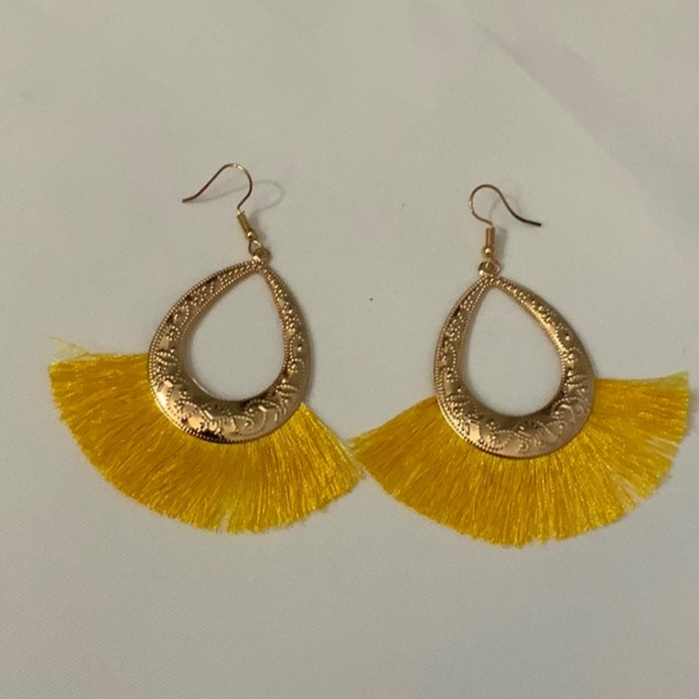 Yellow gold drop hoop tassel earrings new